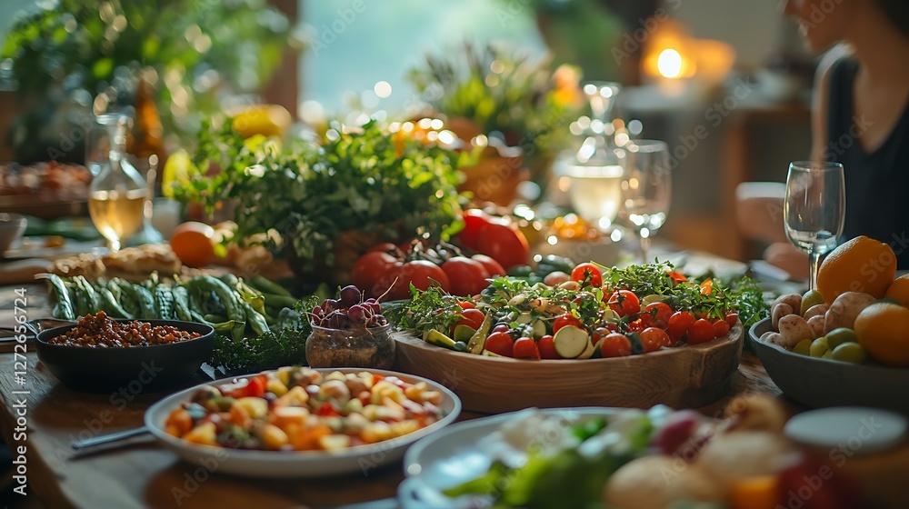 A cheerful family enjoying a farm-to-table vegetarian dinner, a beautifully arranged table filled with fresh organic vegetables, homemade dips, and seasonal fruit, warm ambient lighting, A cheerful family enjoying a farm-to-table vegetarian dinner, a beautifully arranged table filled with fresh organic vegetables, homemade dips, and seasonal fruit, warm ambient lighting,