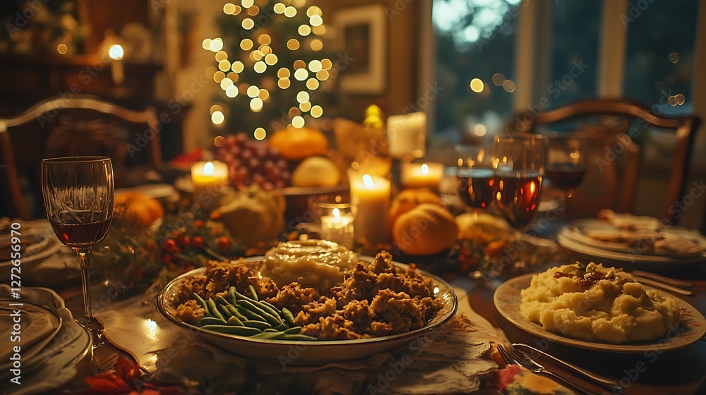 A cheerful Thanksgiving dinner, a happy family enjoying a feast of stuffing, mashed potatoes, green beans, and homemade gravy, a cozy home setting with fall decorations, warm nostalgic tones, A cheerful Thanksgiving dinner, a happy family enjoying a feast of stuffing, mashed potatoes, green beans, and homemade gravy, a cozy home setting with fall decorations, warm nostalgic tones,