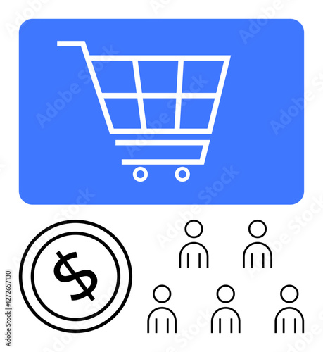 Shopping cart in bl box dollar coin, and 5 outlined figures. Ideal for e-commerce, shopping, finance, sales, market analysis, digital transactions, consumerism. Line metaphor