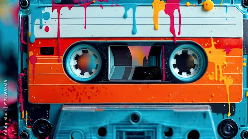 A vibrant image of a retro cassette tape covered in colorful paint splatters.  Nostalgic and artistic.