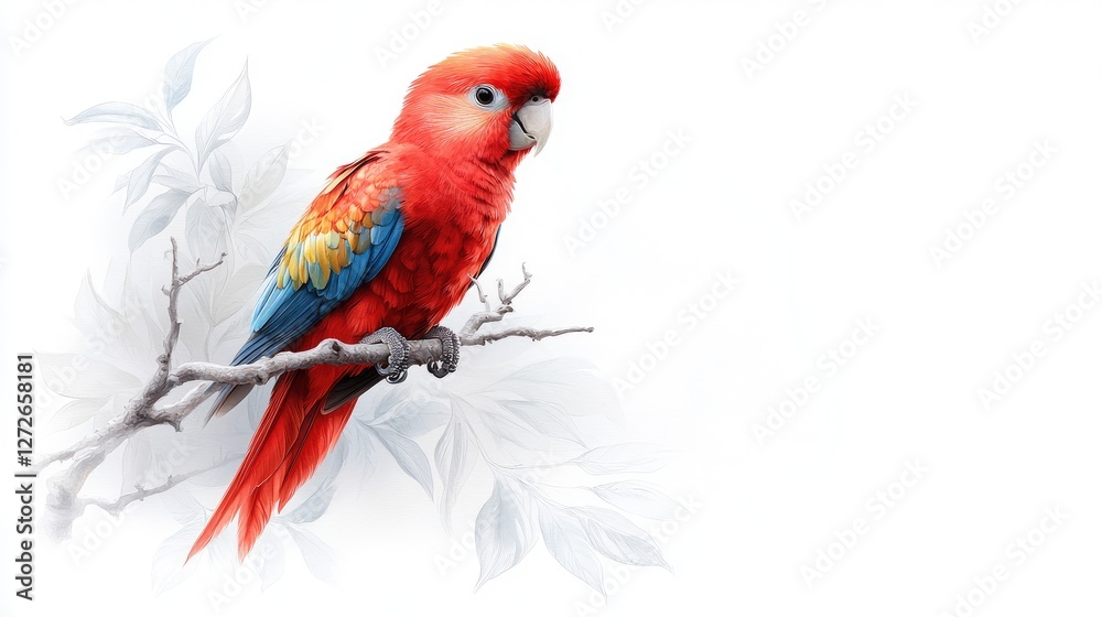 Fototapeta premium Vibrant red parrot with blue and yellow wings perched on a branch against a clean white background.