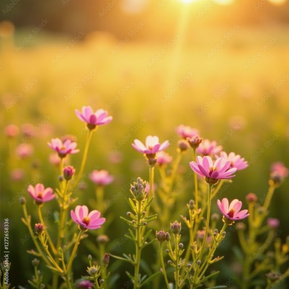 Delicate pink wildflowers scattered across a golden landscape, field, countryside