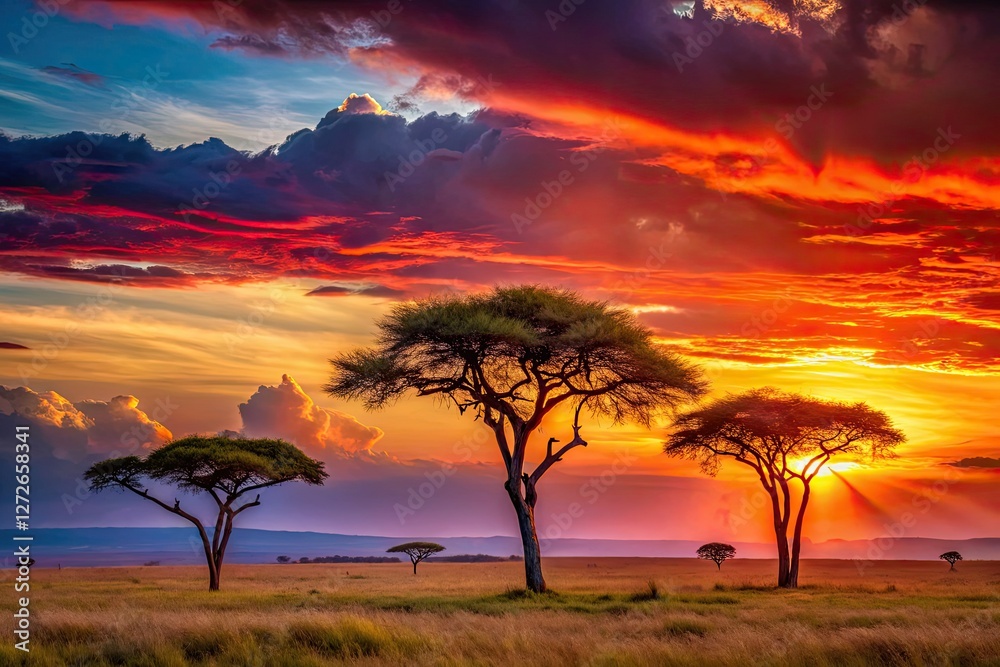 Fototapeta premium Kenyan sunset blazes, acacia trees silhouetted against the Masai Mara's vibrant sky.