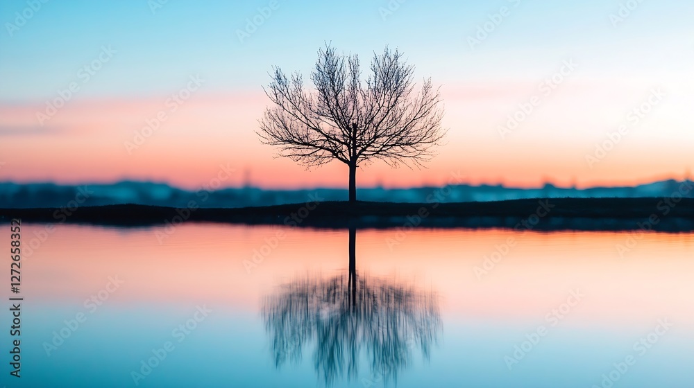 Lonely Tree Silhouette Reflecting on a Calm Reflective Water Surface at Sunset : Generative AI Lonely Tree Silhouette Reflecting on a Calm Reflective Water Surface at Sunset : Generative AI