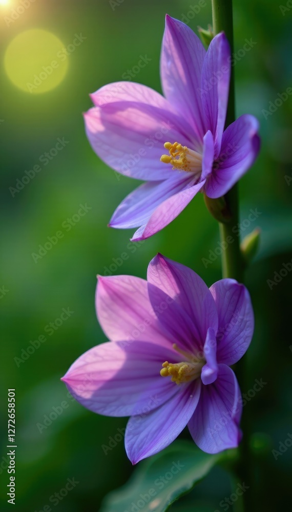 Delicate purple petals unfolding in a vertical garden, vertical, greenery Delicate purple petals unfolding in a vertical garden, vertical, greenery