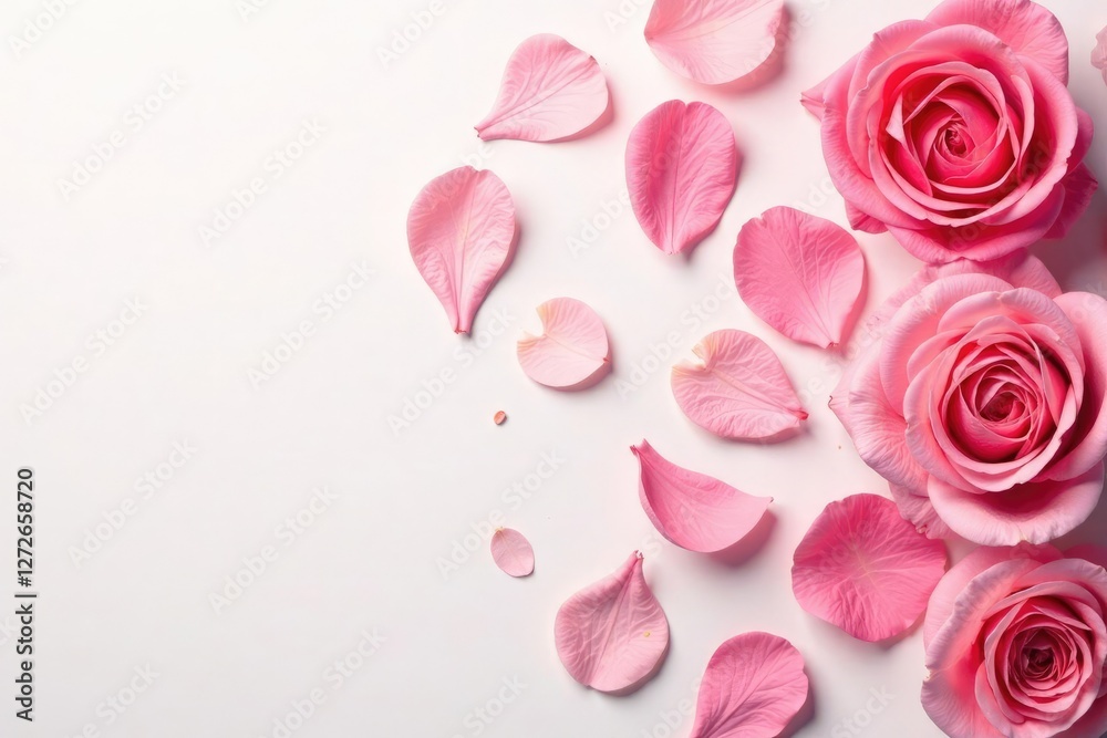 Fototapeta premium delicate rose petals scattered on a white background, leaves, white, garden
