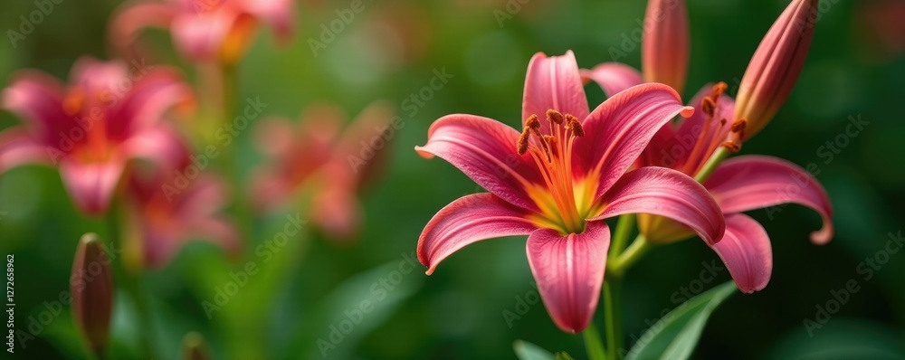 Fototapeta premium Delicate star-shaped flowers with maroon lily petals unfolding in a garden, nature, lilies