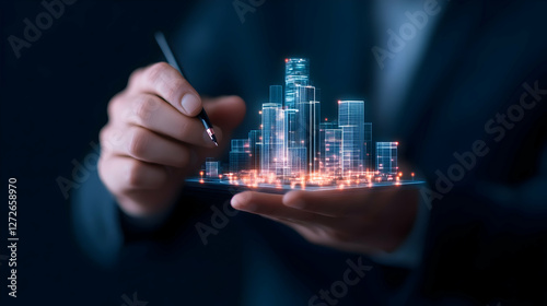 Businessman Touching Virtual Screen and Pressing Social Network Icon