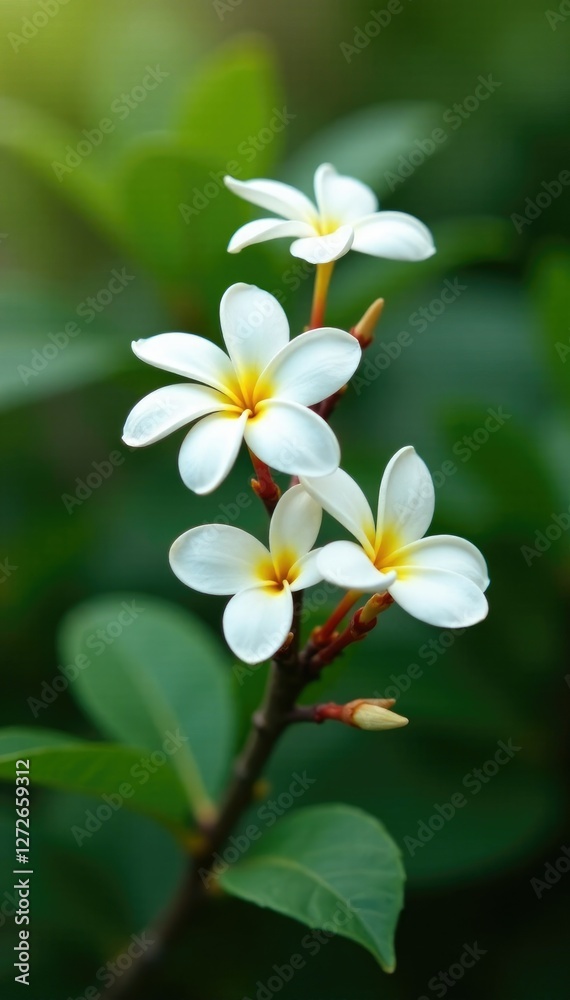 Delicate white frangipani blooms on a slender branch, tree, garden, slender Delicate white frangipani blooms on a slender branch, tree, garden, slender