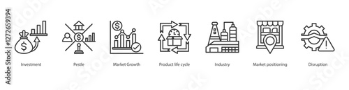 Value Chain Analysis Icon investment, pestle, market growth, product life cycle, industry, market positioning, disruption