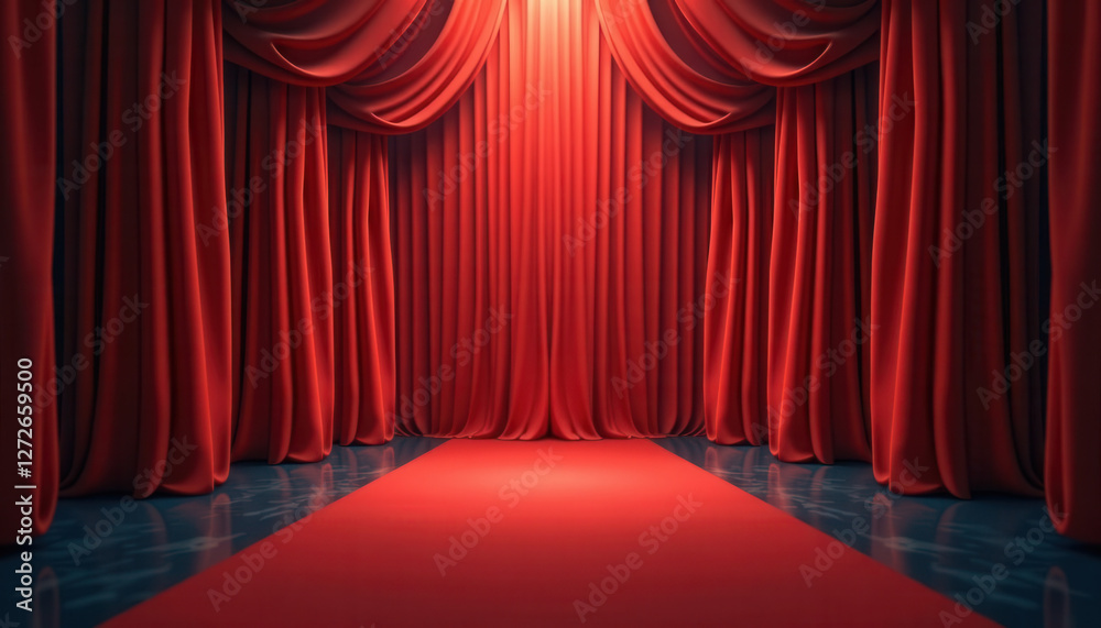 Fototapeta premium Red Carpet and Curtains with Spotlight