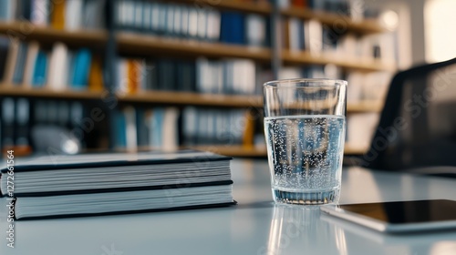 A clear glass of water next to a smartphone on a desk surrounded by books in an office