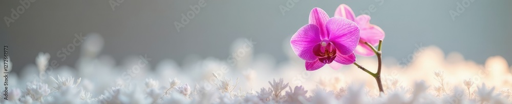 Elegant pink orchid with slender stem rising through a bed of white grass, stem, bed, orchid Elegant pink orchid with slender stem rising through a bed of white grass, stem, bed, orchid