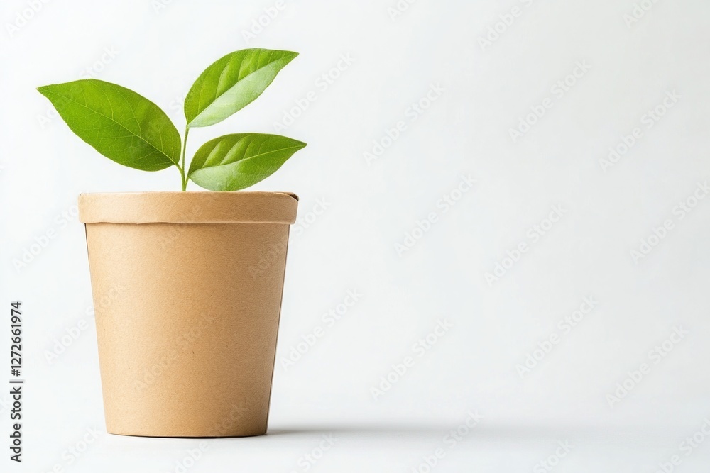 Obraz premium Green Plant Growing in Simple Brown Pot Against Light Background