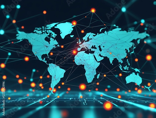 Futuristic digital globe with glowing data connections representing global networking, communication, and technology. Concept of cybersecurity, artificial intelligence, and big data

 photo