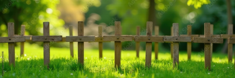 Fence with thin wooden cross sticks in a garden, wooden fence, ornamental