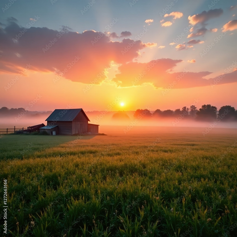 Farm at sunrise with mist rising from the fields, landscape, fields Farm at sunrise with mist rising from the fields, landscape, fields