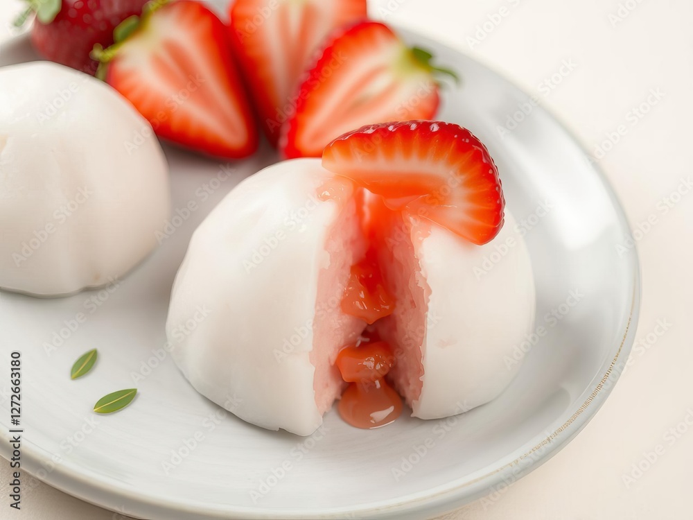 Close up of delicious Japanese mochi and fresh strawberries on a white plate, traditional, tasty, dessert Close up of delicious Japanese mochi and fresh strawberries on a white plate, traditional, tasty, dessert