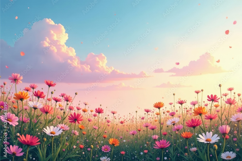 Obraz premium Field of wildflowers against a soft pastel gradient sky, sky, abstract, landscape