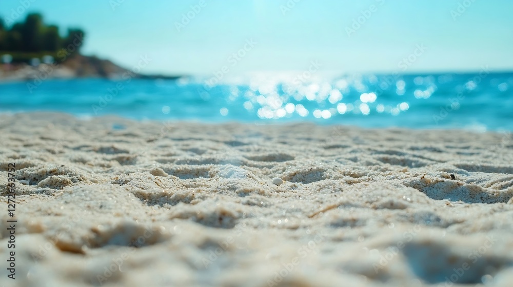 Close Up of Sandy Beach with Gentle Waves and Bright Sunlight Glimmering on the Water Surface : Generative AI Close Up of Sandy Beach with Gentle Waves and Bright Sunlight Glimmering on the Water Surface : Generative AI