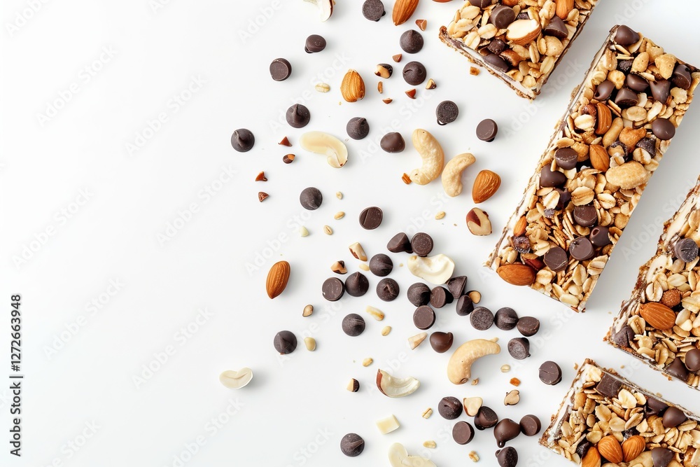 Delicious Nut and Chocolate Granola Bars on White Background Delicious Nut and Chocolate Granola Bars on White Background
