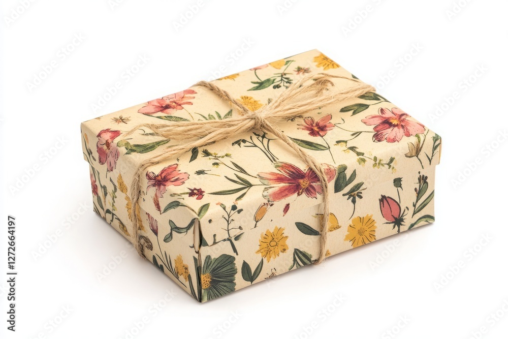 Beautifully wrapped gift box with floral design and twine detail Beautifully wrapped gift box with floral design and twine detail