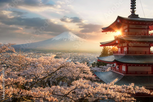 Wall Mural Fujiyoshida, Japan Beautiful view of mountain Fuji and Chureito pagoda at sunset of Mount Fuji during winter