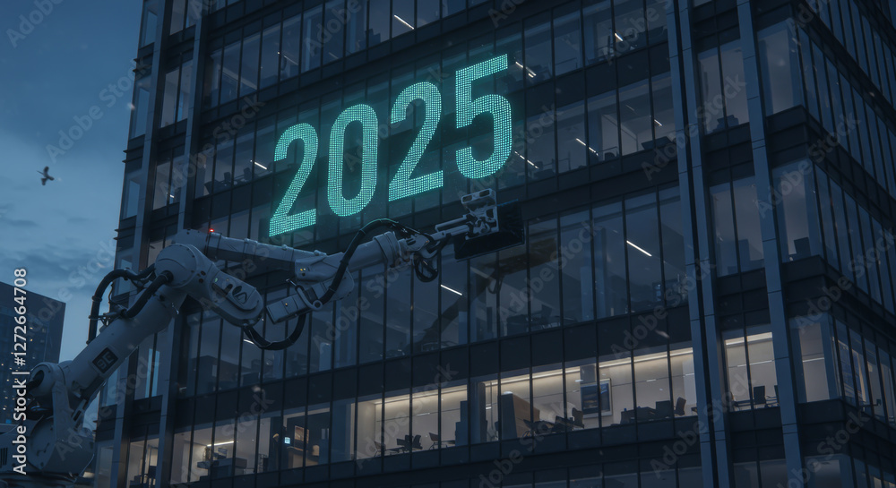 Robotic arm working on building displaying the year twenty twenty five Robotic arm working on building displaying the year twenty twenty five