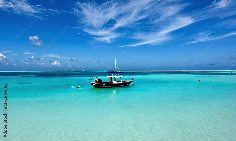 Small Boat in a Turquoise Ocean under a Blue Sky