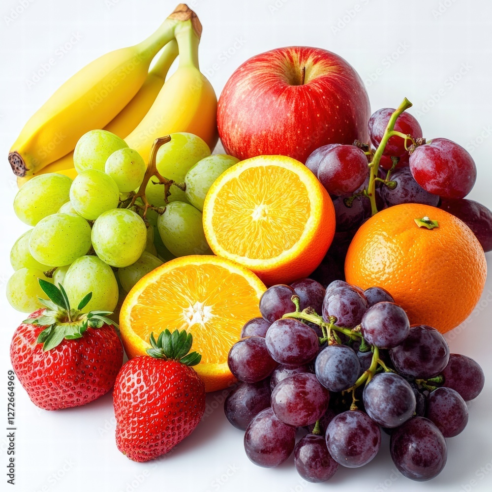 A variety of fresh fruits beautifully arranged on a white background, including apples, bananas, oranges, grapes, and strawberries.16:9 --stylize 250 --v 6.1 A variety of fresh fruits beautifully arranged on a white background, including apples, bananas, oranges, grapes, and strawberries.16:9 --stylize 250 --v 6.1