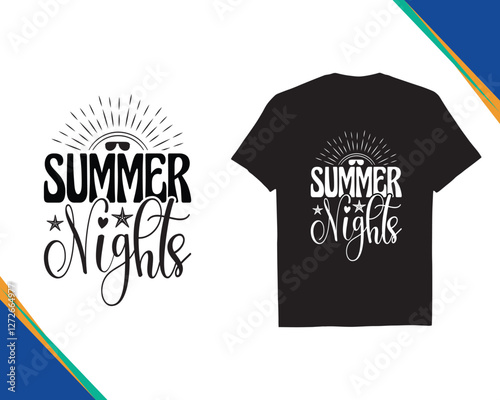 Summer Nights - decorative with ornament SVG typography Summer Beach black t-shirt design holiday concept art, Silhouette
