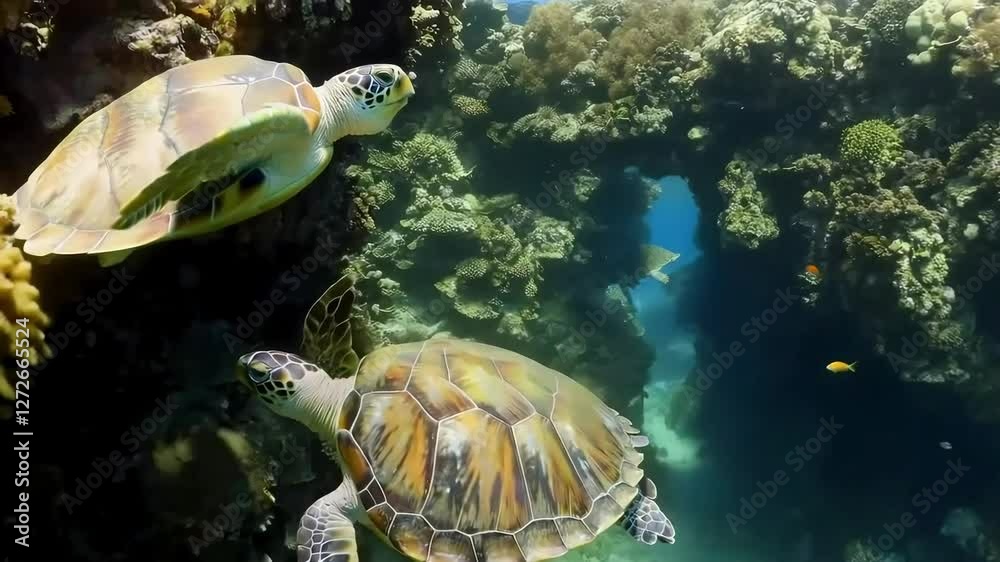 Two sea turtles swim near coral reef.