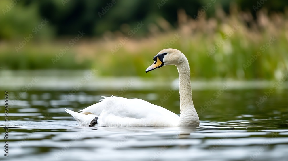 Graceful White Swan Swimming in a Serene Green Lake Surrounded by Nature : Generative AI Graceful White Swan Swimming in a Serene Green Lake Surrounded by Nature : Generative AI