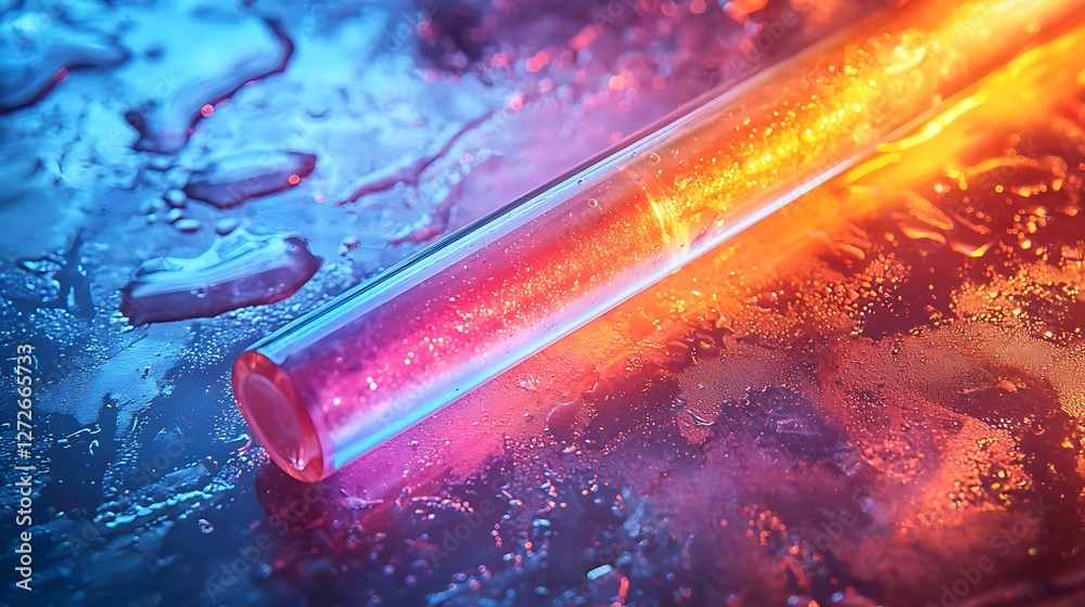 Naklejka premium Lab test tube, vibrant lighting, wet surface, scientific research