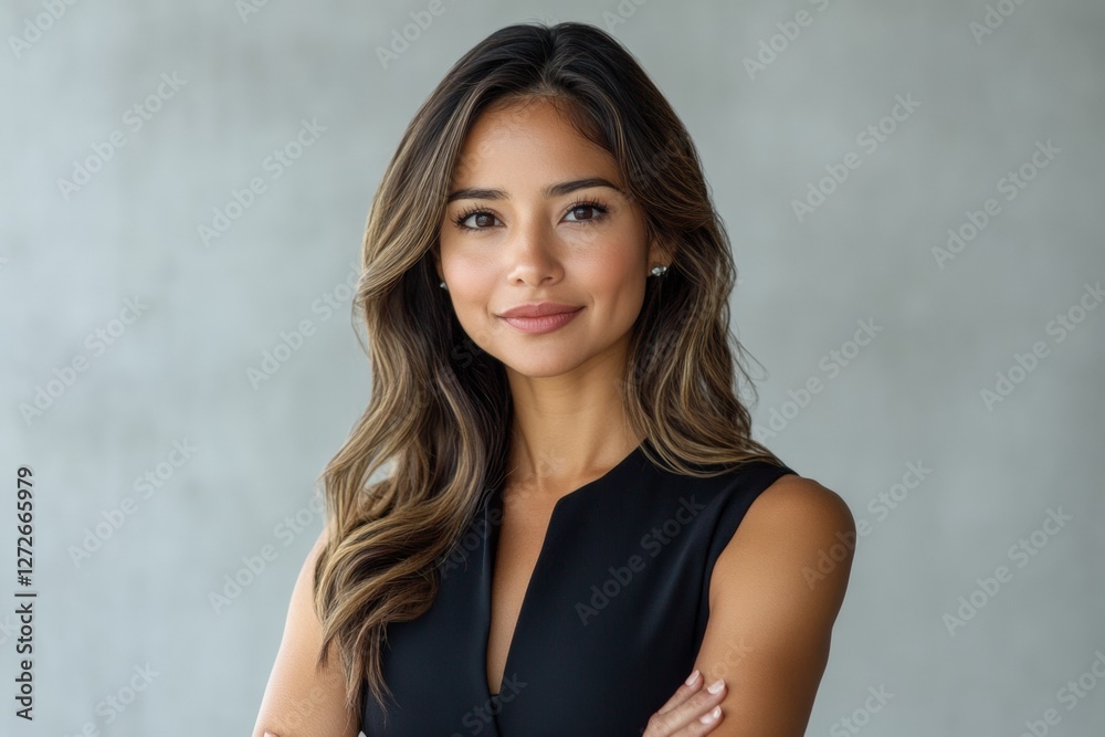 Confident woman with long hair and warm smile stands with her arms crossed, wearing black top against neutral background. Her expression exudes professionalism and approachability Confident woman with long hair and warm smile stands with her arms crossed, wearing black top against neutral background. Her expression exudes professionalism and approachability