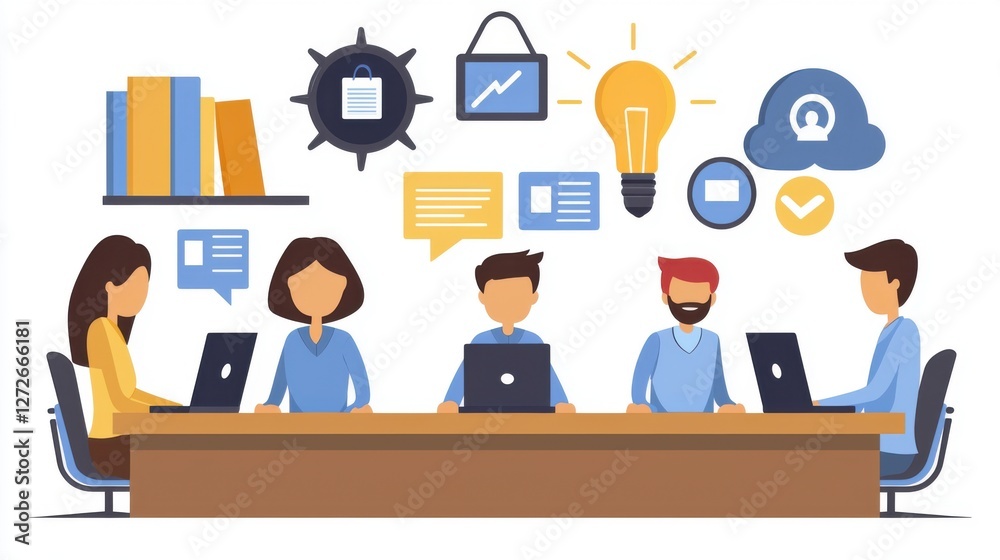 Team collaboration at a modern office with laptops and digital icons. Team collaboration at a modern office with laptops and digital icons.