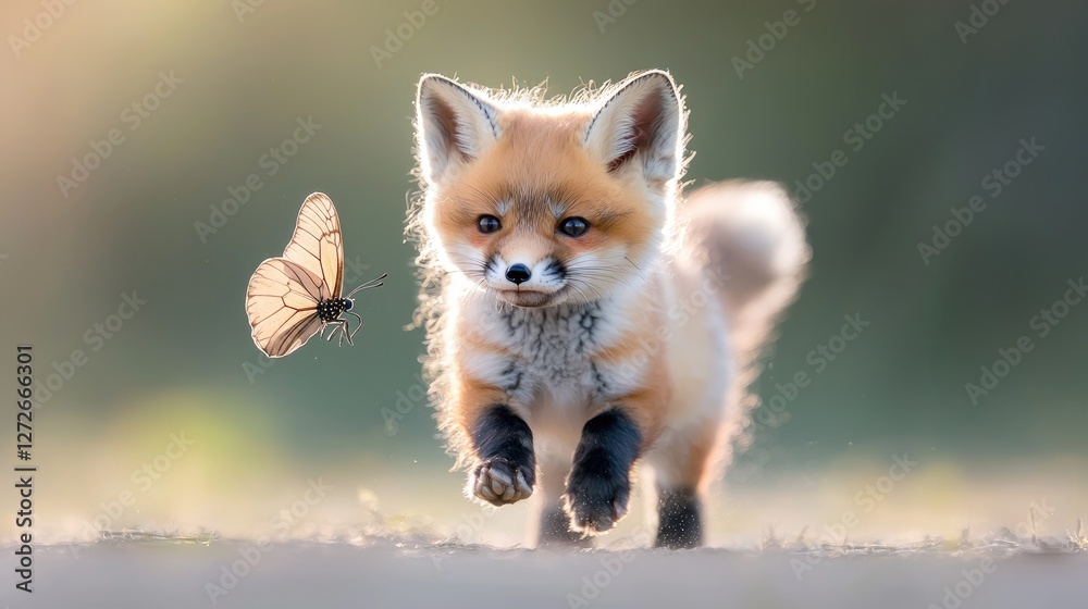 Obraz premium Adorable Fox Cub Running with Butterfly, Outdoor Scene, Nature Background, Cute Wildlife