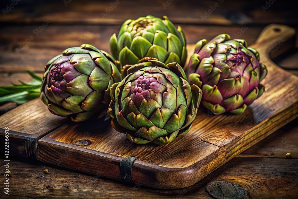 Obraz premium Three artichokes on rustic wooden board, close-up, rule of thirds composition