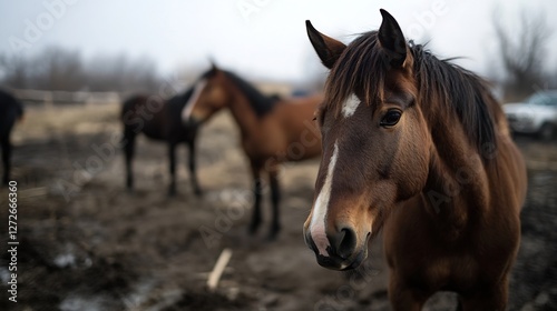 Close up of a beautiful brown horse standing in a farm environment with other horses in the background on a cloudy day : Generative AI