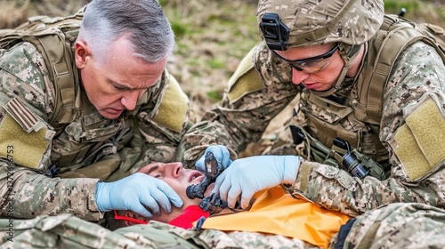Soldiers provide medical aid to a wounded comrade