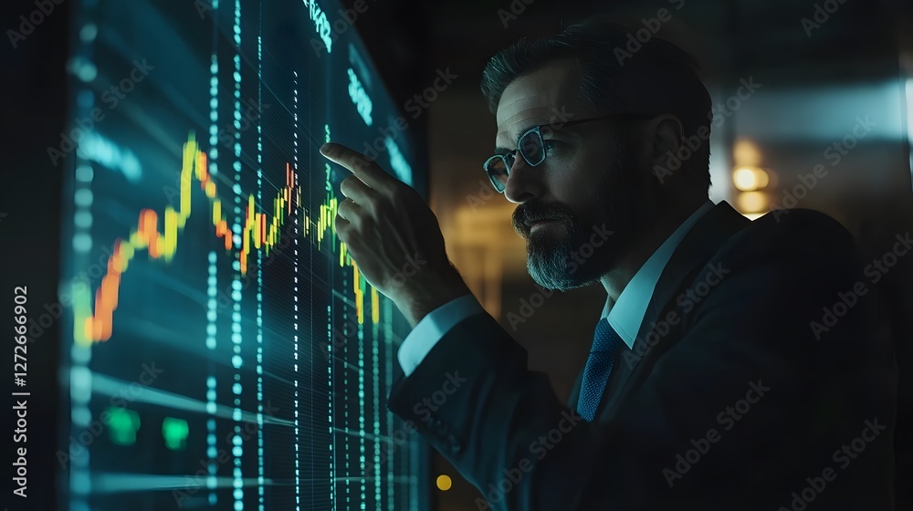 Fototapeta premium Business Leader Analyzing Economic Trends in Modern Workspace with Projected Data Visualization