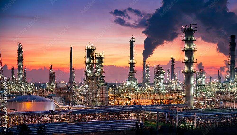 Fototapeta premium Industrial Sunset: A sprawling industrial complex, with towering structures and emitting smoke, paints a vivid scene against a sunset sky. The complex is bathed in a warm glow.