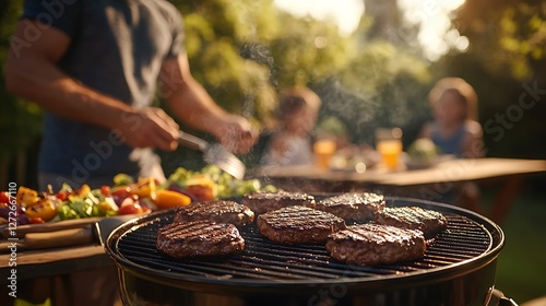 A joyful summer BBQ family gathering, a father grilling juicy steaks and burgers on a charcoal grill, kids playing in the background, a wooden picnic table filled with colorful salads,
