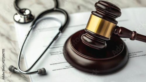 Gavel and stethoscope on legal documents symbolizing law and healthcare.