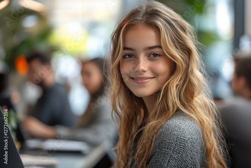 Young Woman Smiling in Modern Office Environment with Natural Light