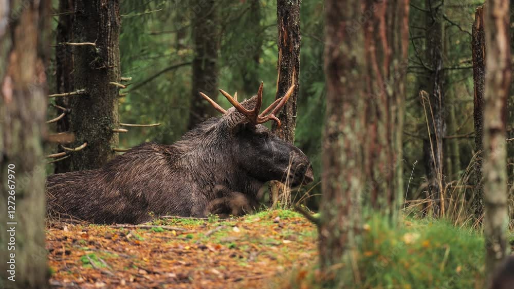 Moose resting on forest ground in Vestarelen, Norway, surrounded by trees and greenery Moose resting on forest ground in Vestarelen, Norway, surrounded by trees and greenery
