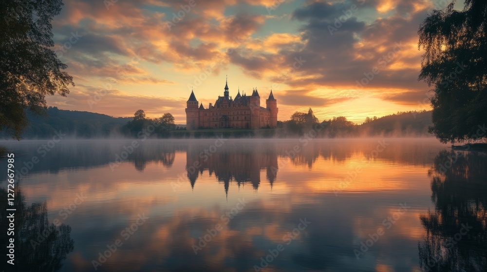 Fototapeta premium Majestic Castle Reflected in a Serene Lake at Dawn