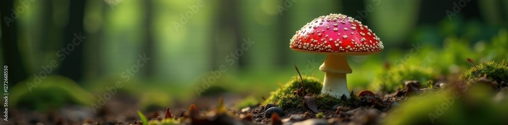 Amanita muscaria fruiting body on forest ground, woodland landscape, wild Amanita muscaria fruiting body on forest ground, woodland landscape, wild