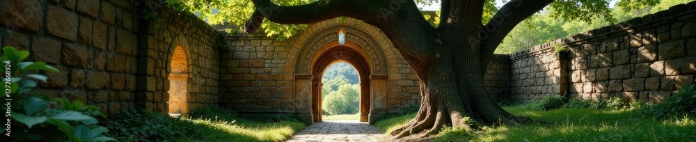 Ancient church with tree trunk forming canopy above entrance, stone, nature, archway