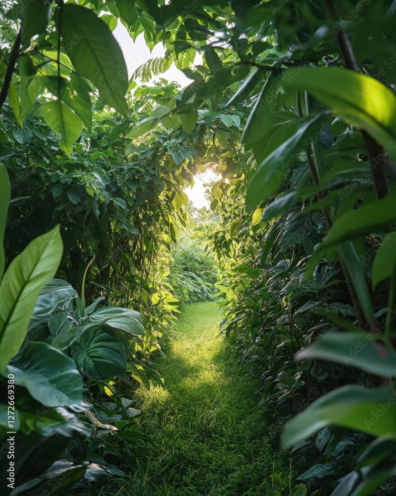 Obraz premium Dementia risk represented by a neglected, overgrown garden. Featuring soft, diffused light and rich greens